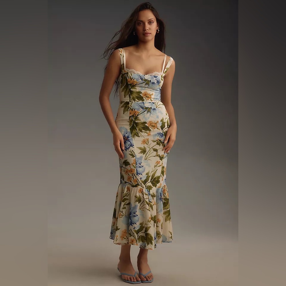 Reformation Floral Dress in Blue and Green